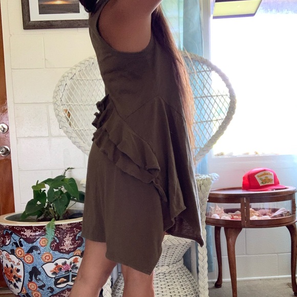Small Olive Trapeze Dress with Back Ruffle - Picture 2 of 7